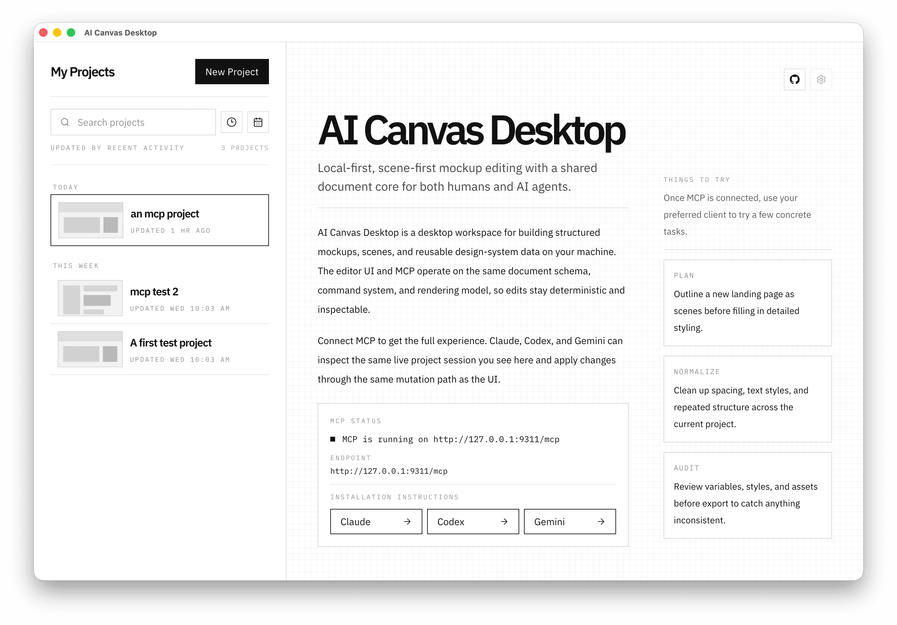 Strapping AI Canvas Desktop project library with MCP status and installation guidance
