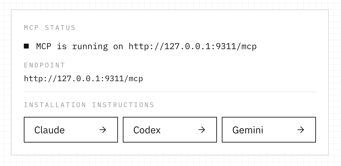 Strapping AI Canvas MCP installation panel showing the localhost endpoint and setup buttons for Claude, Codex, and Gemini